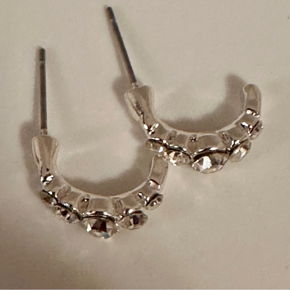 Silver Crystal Semi Hoop Stud Earrings | Rhinestone Curve Climber - Picture 4 of 8